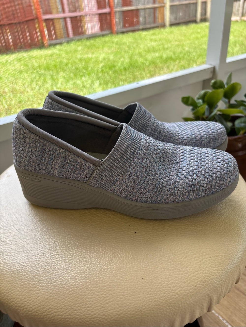 Skechers Gray Knit Slip-On Wedge Clogs